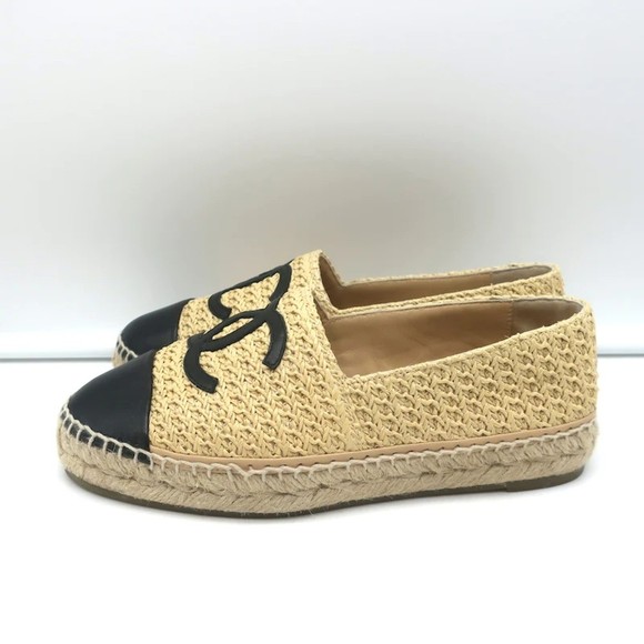 Chanel 22P CC Cap Toe Espadrilles Beige Braided Fabric & Black Leather Size 37 - Picture 6 of 11